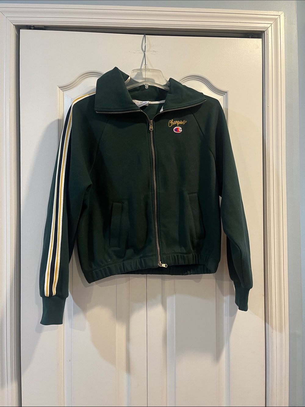 Champion Dark Green Zip-Up Hoodie with Contrast Stripe Detail